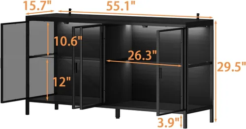 Miniatura 2 de FUFU&GAGA Aparador buffet con luces LED, puertas de cristal, vitrina moderna con estantes de cristal, armario negro con patas de metal, para sala