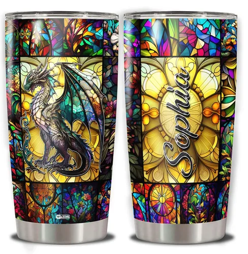 WAZONE Vaso de dragón personalizado con tapa, diseño de nombre personalizado, 20 onzas, 30 onzas, doble pared al vacío, taza aislada de acero