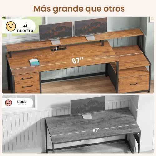 Miniatura 4 de SEDETA Escritorio de oficina en casa con cajón de archivos y toma de corriente, escritorio para computadora de 66 pulgadas con 5 cajones, estantes