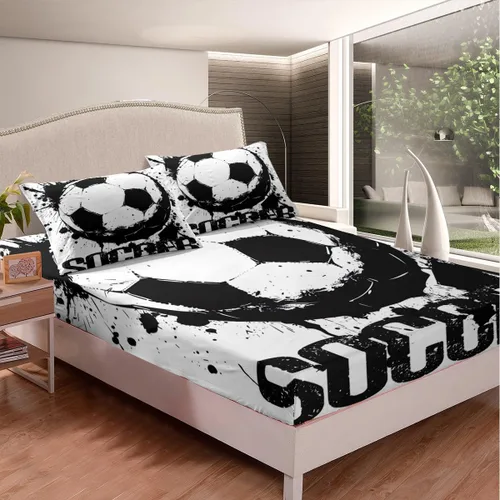 Miniatura 2 de Juego de ropa de cama de fútbol, tamaño individual, juego de pelota para niños, sábana bajera, pelota deportiva, color blanco y negro, ropa de cama