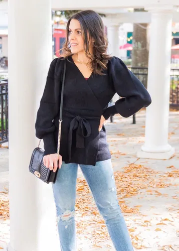 Miniatura 2 de KIRUNDO - Suéter de punto acanalado para mujer, cuello en V, para otoño 2020, jersey de punto con lazo