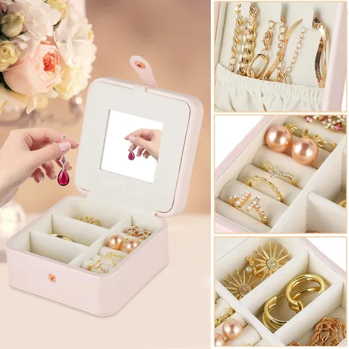 Miniatura 6 de Joyero de viaje con espejo, mini estuche de viaje de piel sintética para mujeres y niñas, pequeño organizador de joyas portátil para anillos