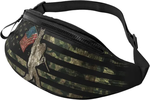 Miniatura 43 de Cangurera de camuflaje con diseño de bandera estadounidense de camuflaje para hombres y mujeres, correa ajustable para viajes, senderismo, ciclismo