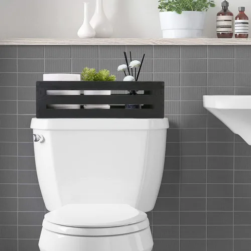Miniatura 6 de LotFancy Caja de decoración de baño, paquete de 2 soportes de madera para papel higiénico, cesta negra para tanque de inodoro, cesta de Negro