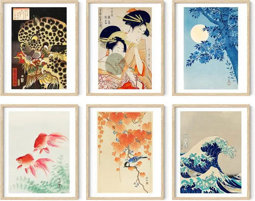Miniatura 35 de HAUS AND HUES Impresiones de arte asiático, juego de 6 decoraciones japonesas contemporáneas de pared, pinturas de hokusai, carteles de ondas, Juego