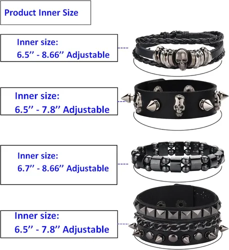 Miniatura 3 de 4 piezas de pulseras punk para hombres y mujeres, juego de pulseras de cuero con tachuelas, accesorio de joyería gótica rock para atuendo de los 80