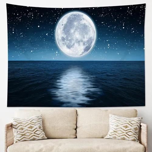 Miniatura 3 de LB Tapiz pequeño de luna llena sobre océano, tapiz de pared de cielo nocturno estrellado de galaxia, arte de pared de acuarela psicodélica