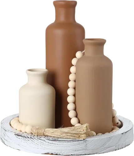 Miniatura 21 de Juego de 5 piezas de centros de mesa rústicos de mesa, juego de 3 jarrones de cerámica boho con bandeja de madera para servir cuentas de madera