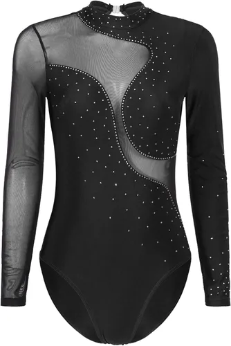 Miniatura 53 de iiniim Leotardo de malla para mujer, con diamantes de imitación, de malla, de manga larga, leotardos de gimnasia