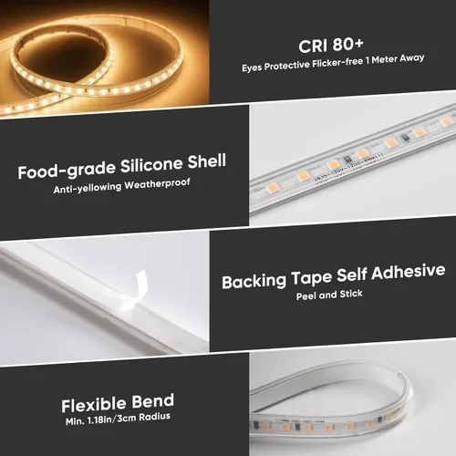 Miniatura 4 de Shine Decor Tira de luz LED súper brillante de 4000LM, Plug & Play de 120V sin controlador, cableado fácil, sin parpadeo, resistente a la intemperie
