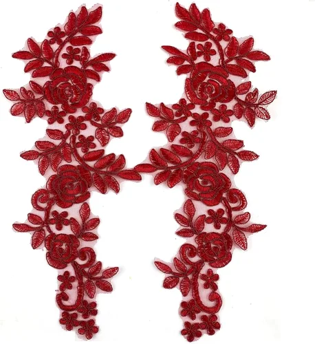 Miniatura 3 de Worlds 1 par de parches de tela de encaje burdeos bordado apliques de encaje motivo floral vestido de novia costura adornos decoración 13.8 x 5.7 in
