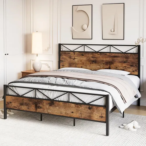 Miniatura 4 de GAOMON Base de cama tamaño Queen, marco de cama de plataforma de metal con cabecera y estribo de madera rústica vintage, sin ruido, fácil montaje