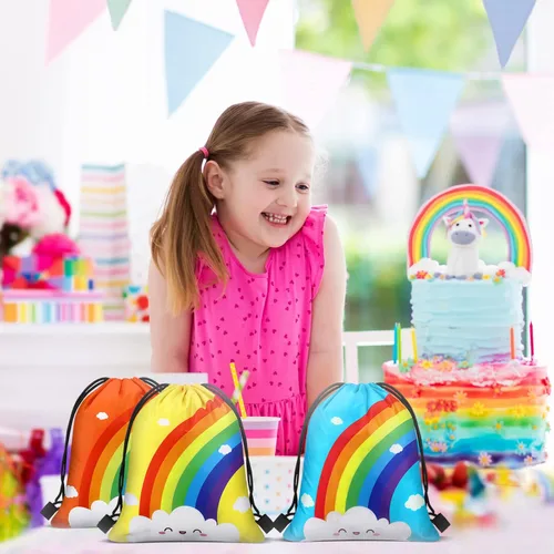 Miniatura 2 de Ferraycle 24 bolsas de regalo de fiesta de arco iris, suministros de fiesta de cumpleaños, bolsas con cordón, mochila de regalo, decoraciones