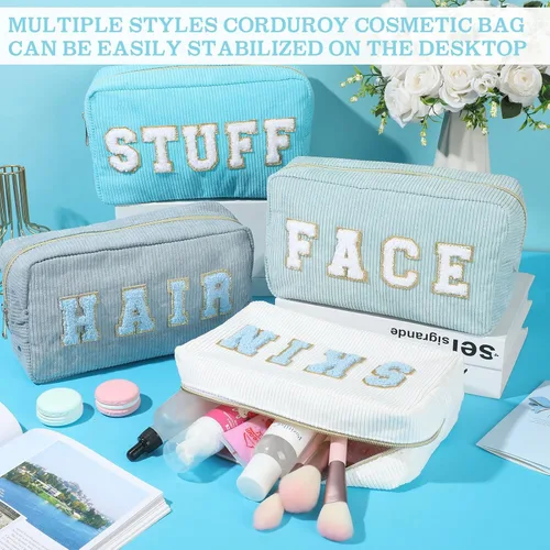 Miniatura 5 de Pinkunn 4 Piezas Bolsas de Maquillaje Preppy Bolsas de Chenilla con Letras de Viaje Organizador Facial Piel Cabello Higiene Cosmética Bolsa de Aseo