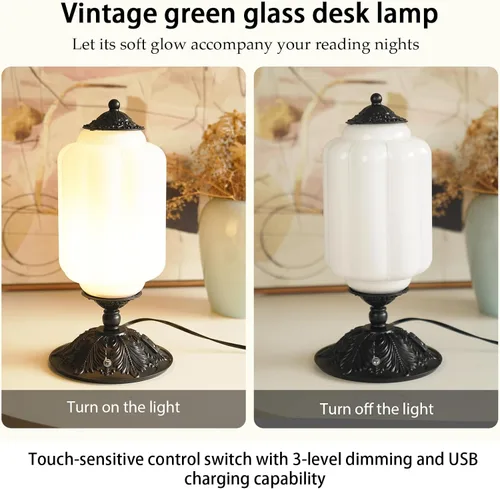 Miniatura 2 de Lámpara de mesa vintage de vidrio de leche con control táctil, elegante lámpara de noche de vidrio blanco regulable de 3 vías con puertos de carga