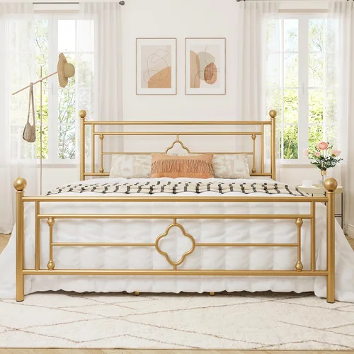 Miniatura 16 de Allewie Base de cama de plataforma de metal tamaño King con cabecero y pie de cama vintage victoriano/base de colchón/almacenamiento debajo
