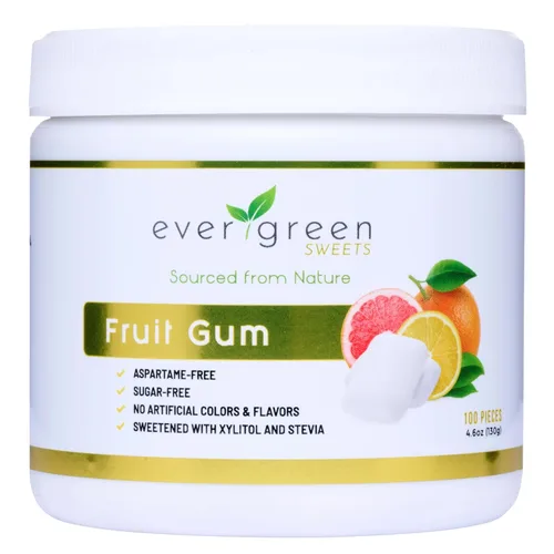 Evergreen Sweets Chicle – Tarro de 100 piezas – Chicle de frutas tropicales naturales hecho con xilitol y stevia – sin azúcar, sin aspartamo y vegano