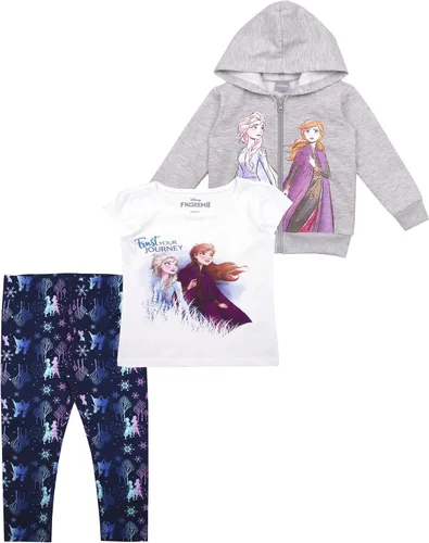 Disney Frozen Girls - Conjunto de camiseta con capucha y pantalones de leggings con cremallera para niños pequeños y pequeños blancogrisazul marino