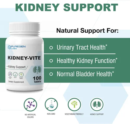 Miniatura 3 de Puregen Labs Kidney-Vite Riñón Premier, soporte renal, sin OMG, sin gluten, sin aditivos de color artificial - 100 tabletas vegetarianas