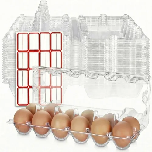 Miniatura 9 de 100 cajas de cartón de plástico para huevos a granel, 12 rejillas, bandeja transparente para huevos de gallina con etiquetas adhesivas, recipiente