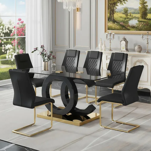 Miniatura 14 de Juego de mesa de comedor de cristal de 63 pulgadas para 6, juego de mesa de comedor moderno para 6, mesa de vidrio templado con patas negras