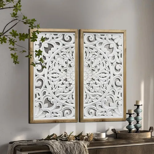 Miniatura 9 de XIAOAIKA Arte de Pared Tallado Boho, Paneles Blancos Envejecidos Antiguos de 31.5 Pulgadas, Escultura Decorativa Tallada a Mano para Sala de Estar