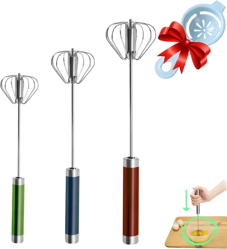 Batidor semiautomático, batidor de huevos de acero inoxidable, batidor rotatorio de mano para mezclar crema, batidor y agitador para batir y 3 Color