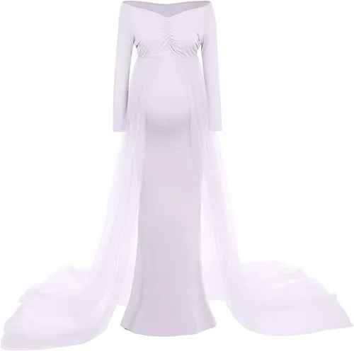 Miniatura 2 de Vestido de maternidad maxi de manga larga con hombros descubiertos para mujer, vestido de fotografía de tul para boda estilo sirena para sesión
