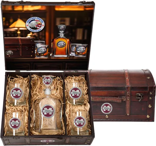 Miniatura 67 de Heritage Pewter Alabama Capitol - Juego de baúl Recipiente de líquido de 24 onzas con 4 vasos de agua Vidrio de peltre elaborado por expertos