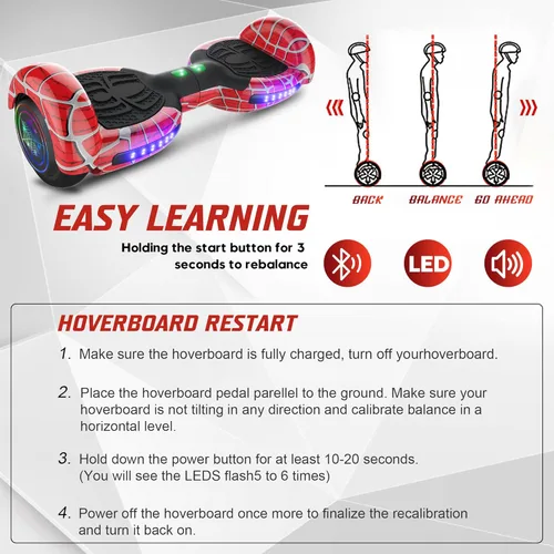 Miniatura 6 de Patineta autoequilibrante con patrón de araña para niños de 6 a 12 años, con altavoz Bluetooth y luces LED, patineta de 6.5 pulgadas, certificación