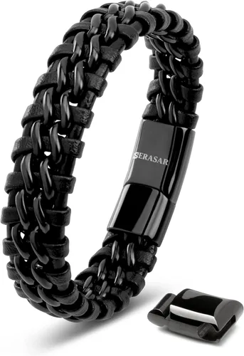 SERASAR | Pulsera de cuero genuino de primera calidad [acero] para hombre en negro | Cierre magnético de acero inoxidable en negro, plata y oro |
