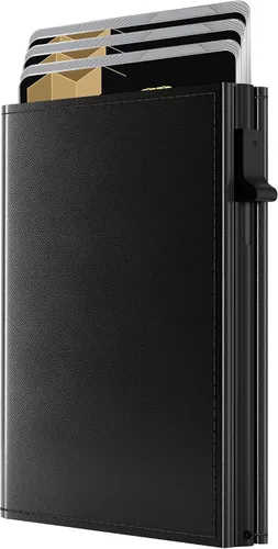 QLD Cartera minimalista para hombres – Bloqueo RFID [inteligente y práctico] Soporte de tarjeta delgado triple plegable Carteras de metal para