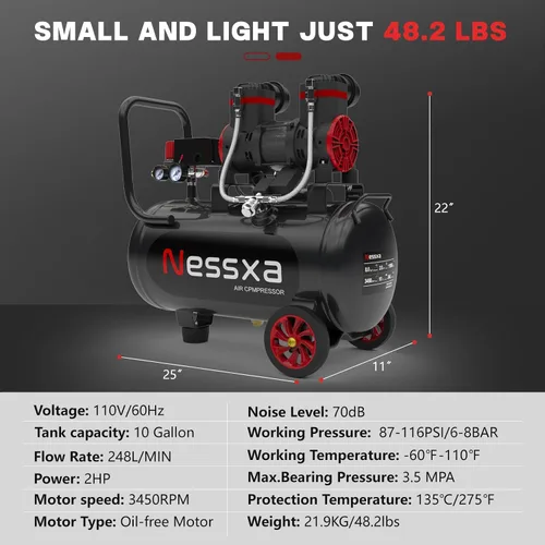 Miniatura 7 de Compresor de aire ultra silencioso de 10 galones, 2HP 3.45 CFM@115PSI tanque de compresor de aire sin aceite, 110V/60Hz, compresor de aire de 70dB