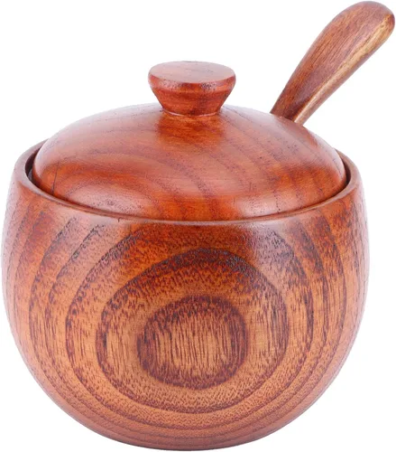 Miniatura 9 de Olla de especias de madera, bodega de sal de madera natural con tapa y cuchara, contenedor de azúcar, tarro de especias vintage, recipiente