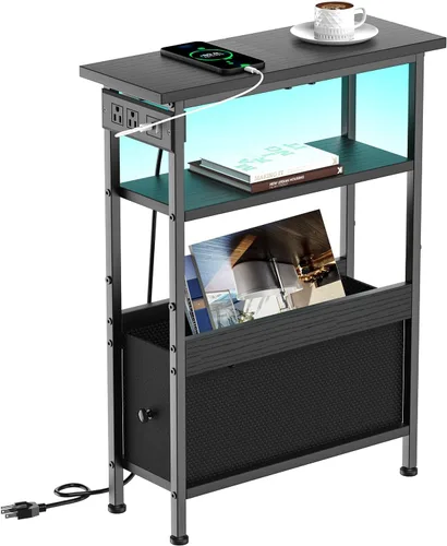 Miniatura 7 de Creso hom Mesa auxiliar con estación de carga, mesas auxiliares altas para sala de estar, mesita de noche delgada de 21.7 pulgadas con Negro