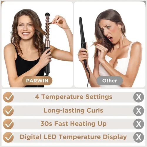 Miniatura 5 de PARWIN PRO BEAUTY Juego de rizador 5 en 1 con 1 varita en espiral extra larga de 9 pulgadas, rizador profesional de hasta 450 °F, pantalla LED