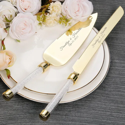 Miniatura 7 de Juego de cuchillo y servidor personalizado para pastel de boda, juego de corte de pastel de cristal grabado, cortador de pastel plateado, cuchillo