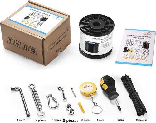 Miniatura 6 de Kit de colgar luces de cadena Newleray, alambre guía para luces de cadena al aire libre, kit de hardware para velas de sombra, con 164 pies