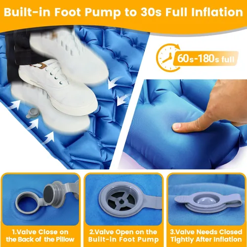 Miniatura 2 de Colchoneta de dormir para acampar para 2 personas, doble almohadilla de campamento con bomba de pie y almohada integrada, colchón de aire Azul