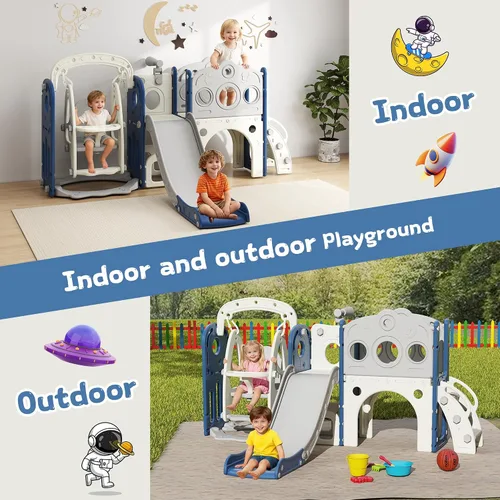 Miniatura 6 de GITAWUSA Juego de tobogán y columpio 9 en 1 para niños pequeños de 1 a 3 años, para interiores y exteriores, con aro de baloncesto, telescopio