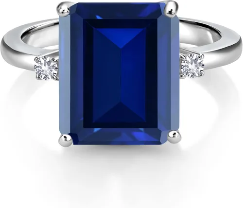 Miniatura 3 de Anillo de compromiso de 3 piedras de plata de ley 925 de 0.472 x 0.394 in, zafiro sintético azul y zafiro blanco de 0.079 pulgadas para mujer, 6.78