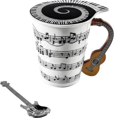 Miniatura 5 de Taza de Novedad de Guitarra Única Regalo Musical Taza de Café con Interesante Tapa Temática de Música y Diseño de Mango de Guitarra y Cuchara