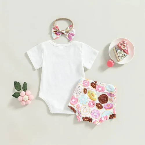 Miniatura 6 de Conjunto de ropa de verano de 3 piezas para bebé recién nacido, de manga corta, con estampado de donas, pantalones cortos