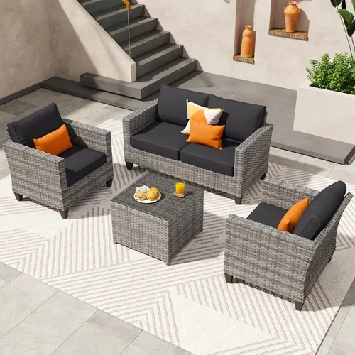 Miniatura 25 de ovios Juego de muebles de patio de 6 piezas, sillas giratorias de mimbre para exteriores con mesa para fogatas de 30 pulgadas, juego de mecedoras