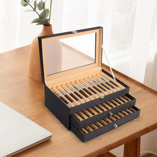 Miniatura 7 de Caja organizadora de bolígrafos de franela de cuero negro de 36 piezas, caja organizadora de bolígrafos de vidrio con tapa, vitrina de cristal