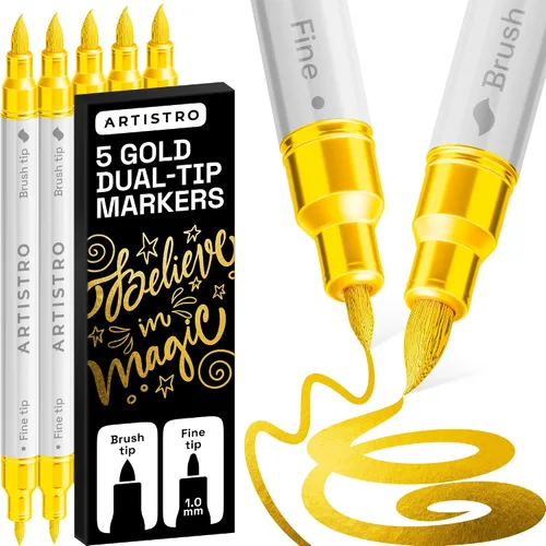 Miniatura 30 de ARTISTRO 5 marcadores de pintura acrílica negra, bolígrafos de pintura de doble punta + pincel fino ideal para caligrafía, perfectos para tela
