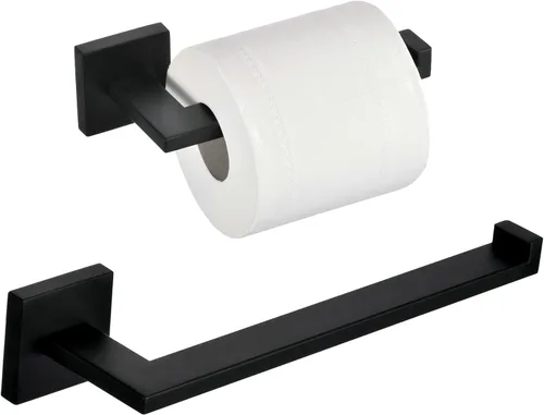 Juego de accesorios de baño negro mate de 2 piezas, soporte para papel higiénico + soporte para toalla de mano, barra de toalla de anillo de toalla