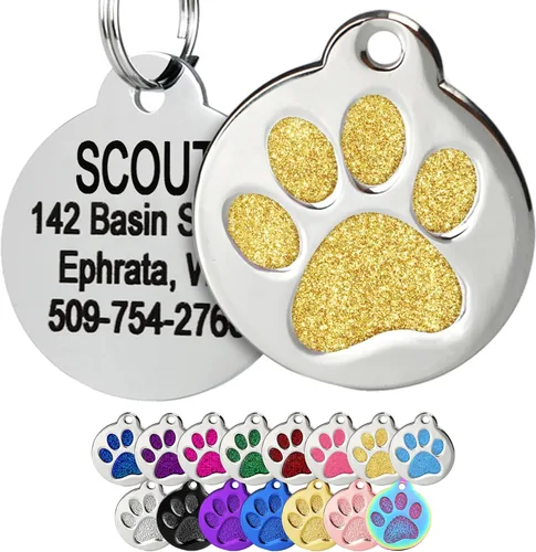 GoTags Etiqueta redonda de acero inoxidable con huella de pata para perros y gatos, personalizada con 4 líneas de nombre e identificación Dorado