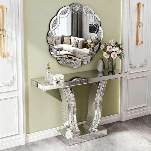 Miniatura 12 de Mesa consola de media luna de 47 pulgadas con cajón de cristal estriado y perilla de cristal, escritorio plateado para entrada, dormitorio, vestidor
