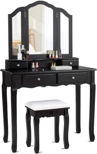 ReunionG Juego de tocador con espejo plegable y 4 cajones, tocador de maquillaje vintage, escritorio con taburete acolchado, organizadores de baño